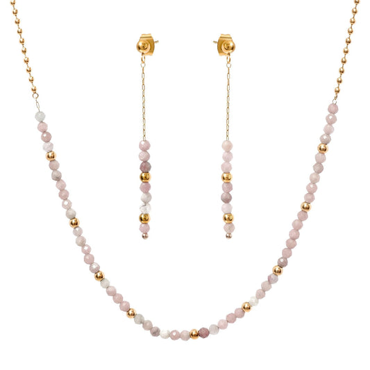 TaYolnFaSo Round Pink Tourmaline Beads Jewelry Set for Women 18K Gold Plated Pink Tourmaline Necklace and Earrings Set Gift for Female