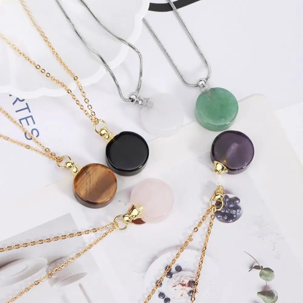 925 Sterling Silver Essential Oil Necklace For Women And Men, 14K Gold Filled Natural Stone Round Perfume Bottle Necklace, Essentials Oil Diffuser Vial Necklace (5 - Essential Oil Necklace)