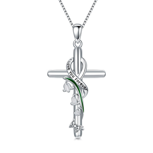 Flpruy Lily of the Valley Necklace 925 Sterling Silver May Cross Pendant Neckalce Lily of the Valley Jewelry Birth Month Flower Gifts for Women Her Mom
