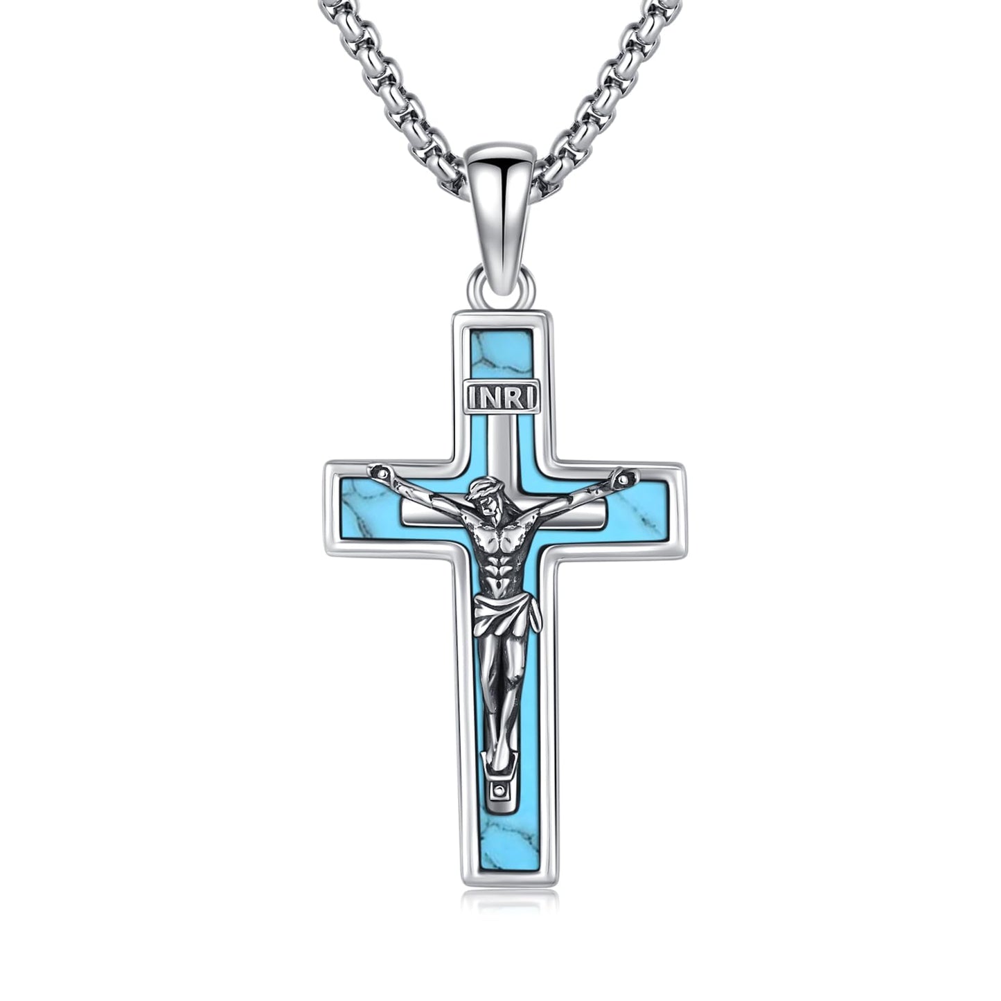 YEESIA Cross Necklace for Women Men 925 Sterling Silver Jesus Crucifix Pendant Necklace with Turquoise Cross Jewelry Gift for Women Men