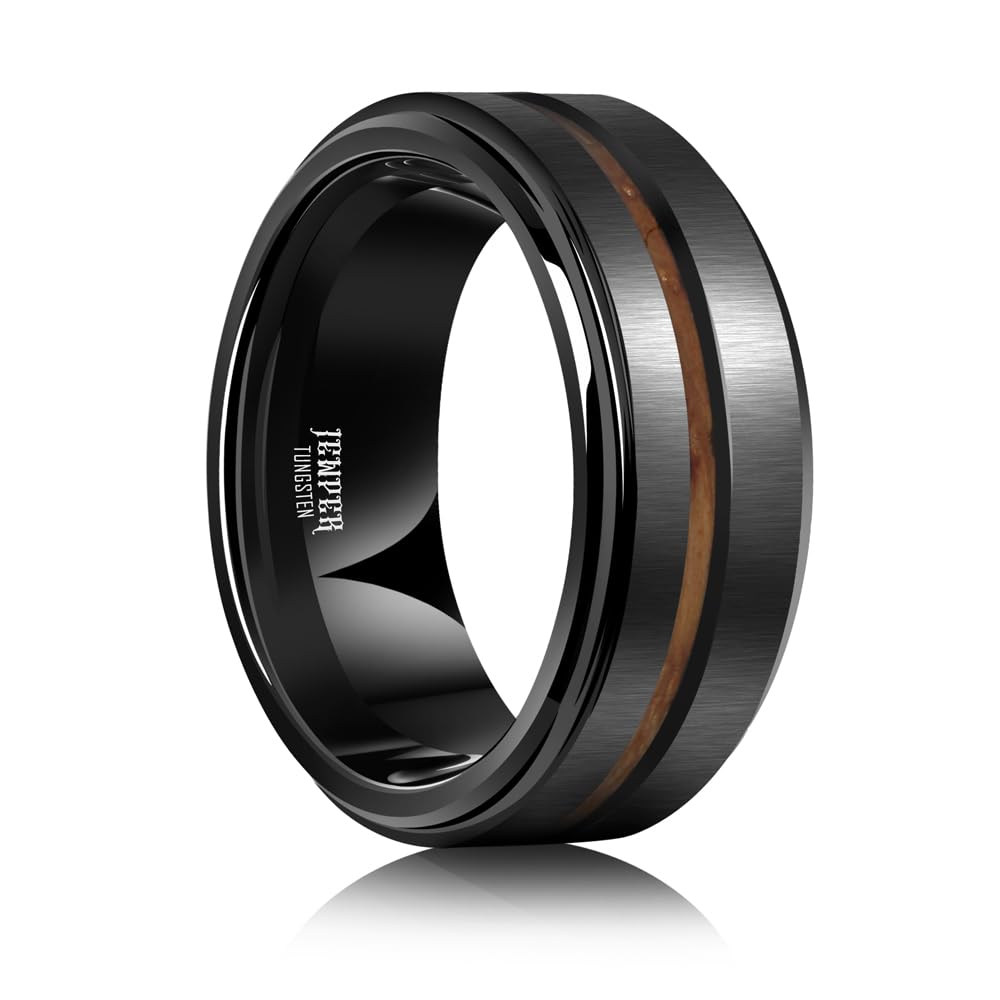 JEWPER 8mm Men Womens Wedding Band Tungsten Rings Black Fashion Promise Carbide Inlaid whiskey barrel wood Outer ring step edge sanding Matte Finish Edge Comfort Fit size(7)