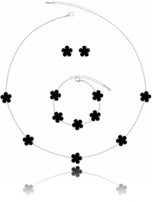 Qinpan Five Leaf Clover Necklace Bracelet and Stud Set for Women Lucky Flower Jewelry (Black-Stainless Steel)