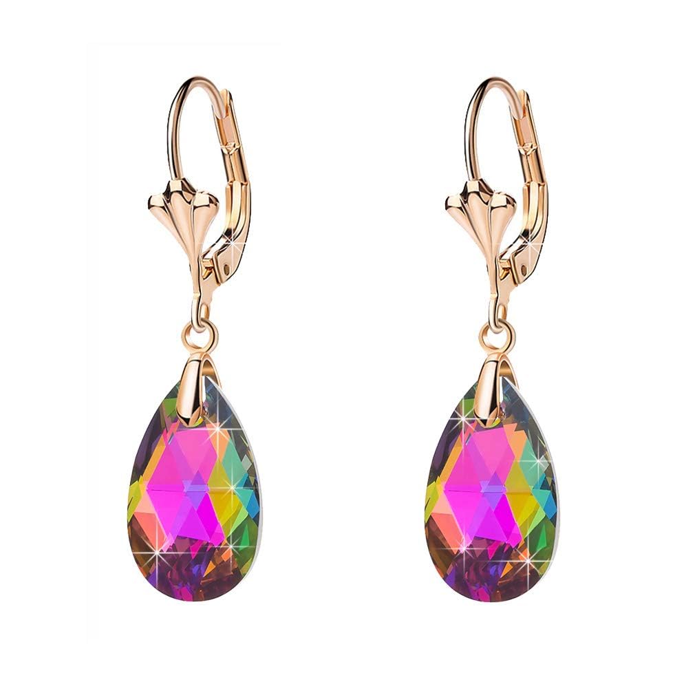 Austrian Crystal Teardrop Leverback Dangle Earrings for Women Fashion 14K Gold Plated Hypoallergenic Jewelry (Vitrail Medium)