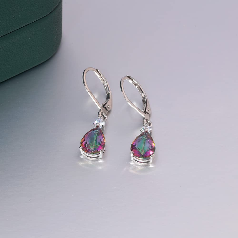 CiNily Womens Leverback Dangle Drop Earrings 14K White Gold Plated Hypoallergenic Mystic Rainbow Topaz Earrings