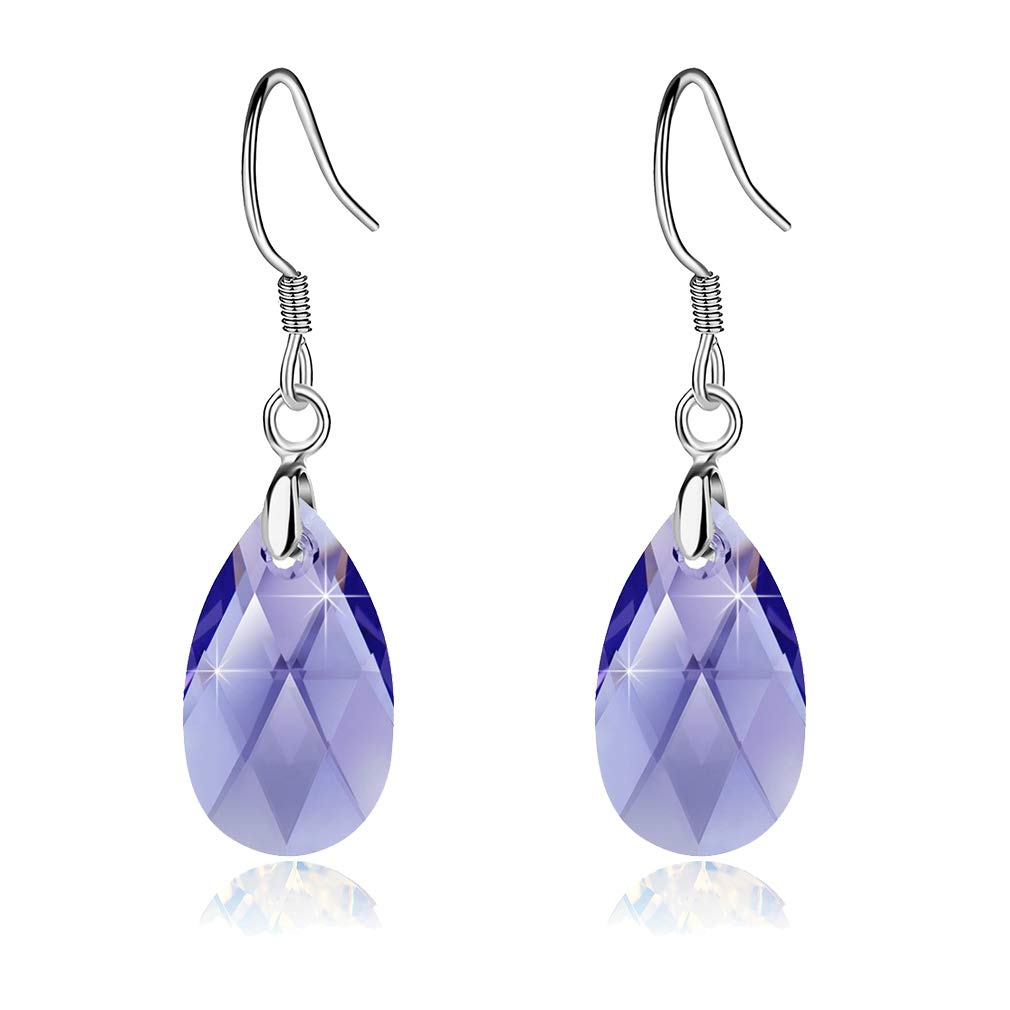 Teardrop Austrian Crystal Drop Dangle Earrings for Women 925 Sterling Silver Hook Hypoallergenic Earring (Tanzanite)