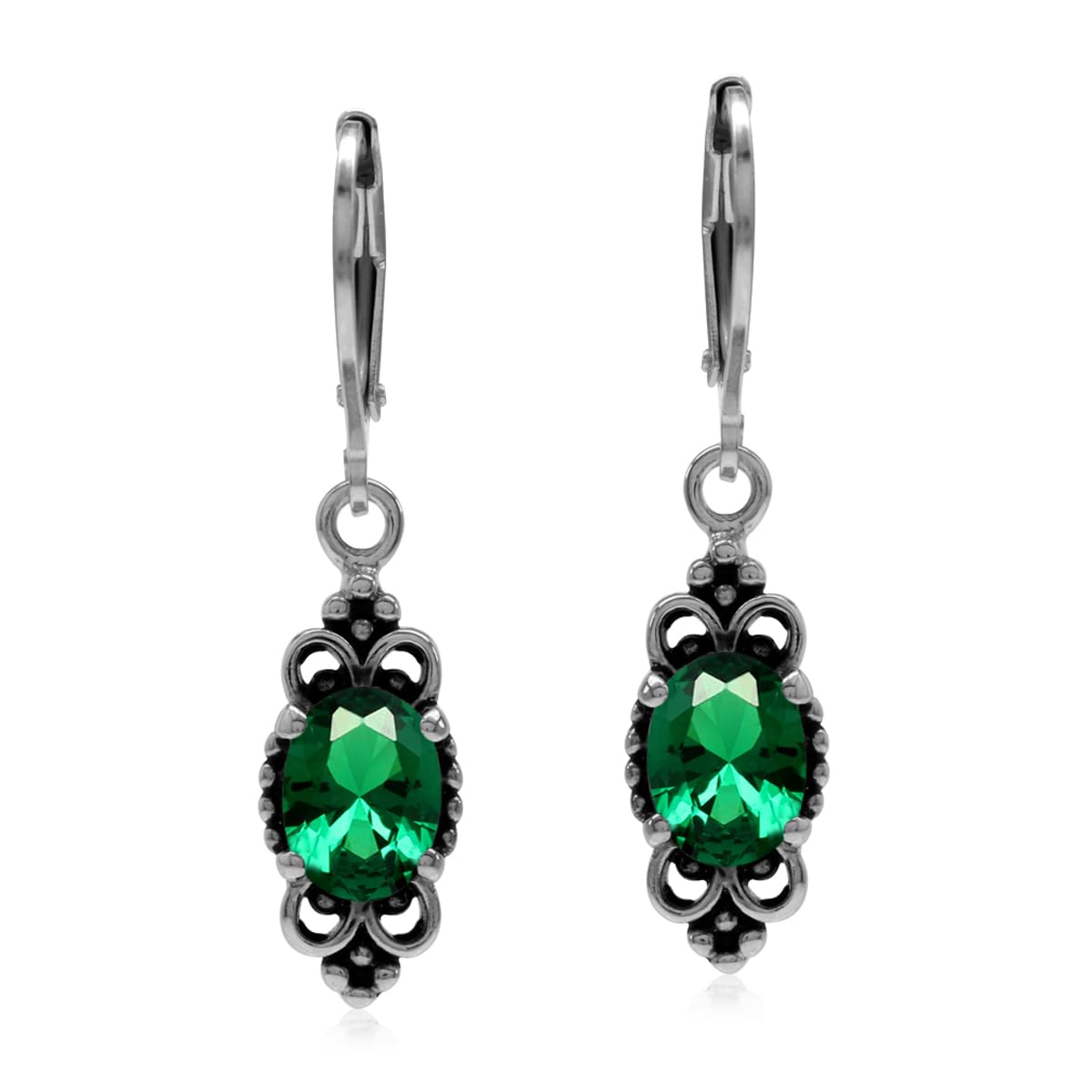Silvershake Created Nano Green Emerald 925 Sterling Silver Balinese Style Leverback Dangle Earrings
