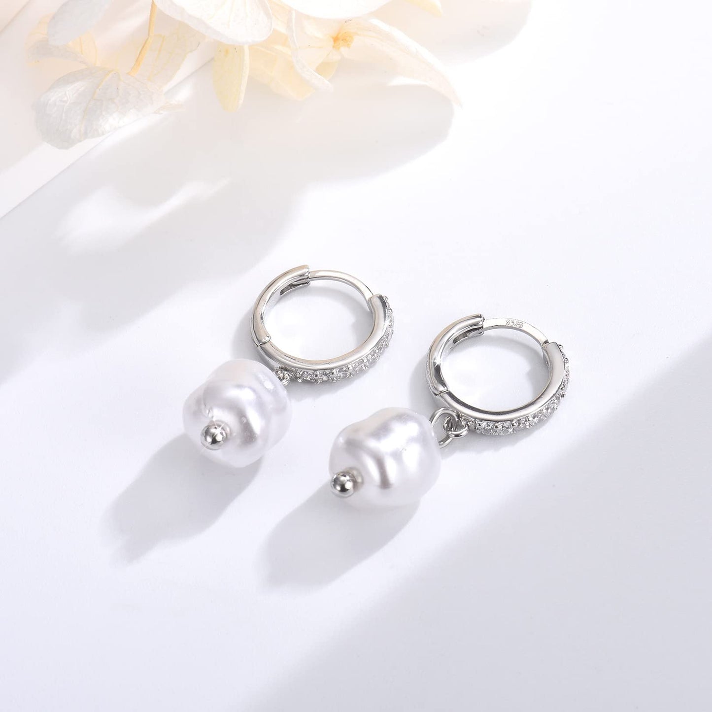 CERSLIMO Sterling Silver Pearl Drop Earrings for Women, S925, Baroque Shell, Hypoallergenic, Dainty Hoop, Modern Chic