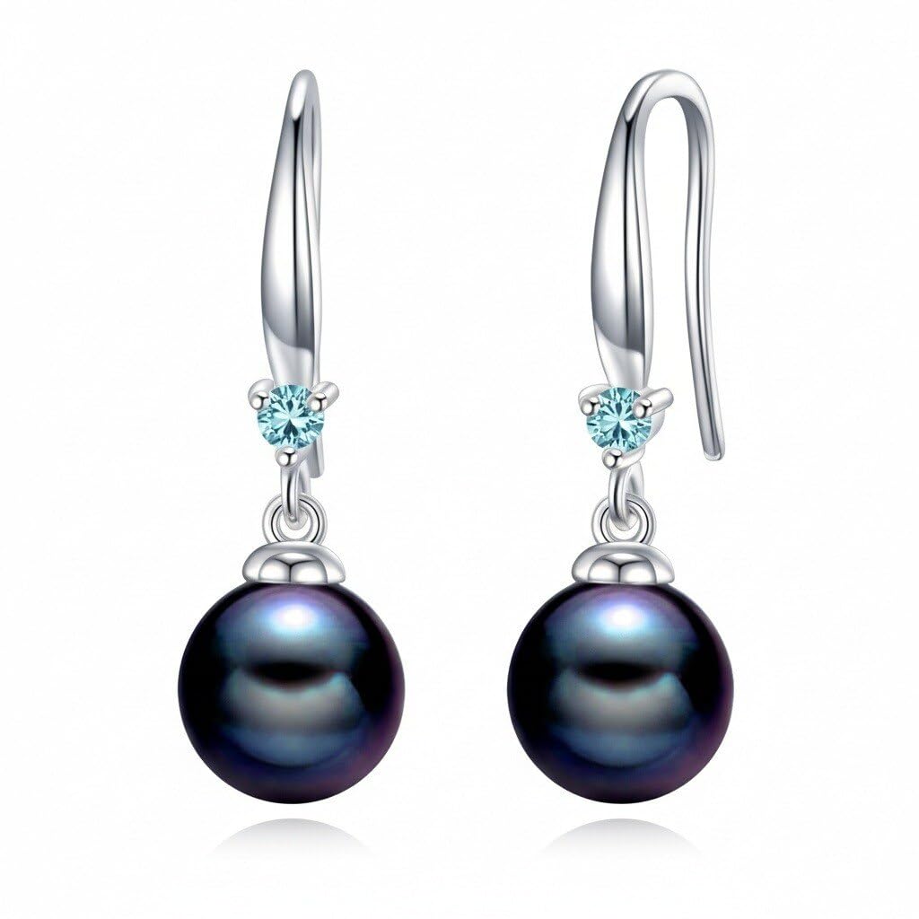 925 Sterling Silver Pearl Leverback Earrings Dangle Drop Birthstone Jewelry Gifts for Women (Black Pearl-March)