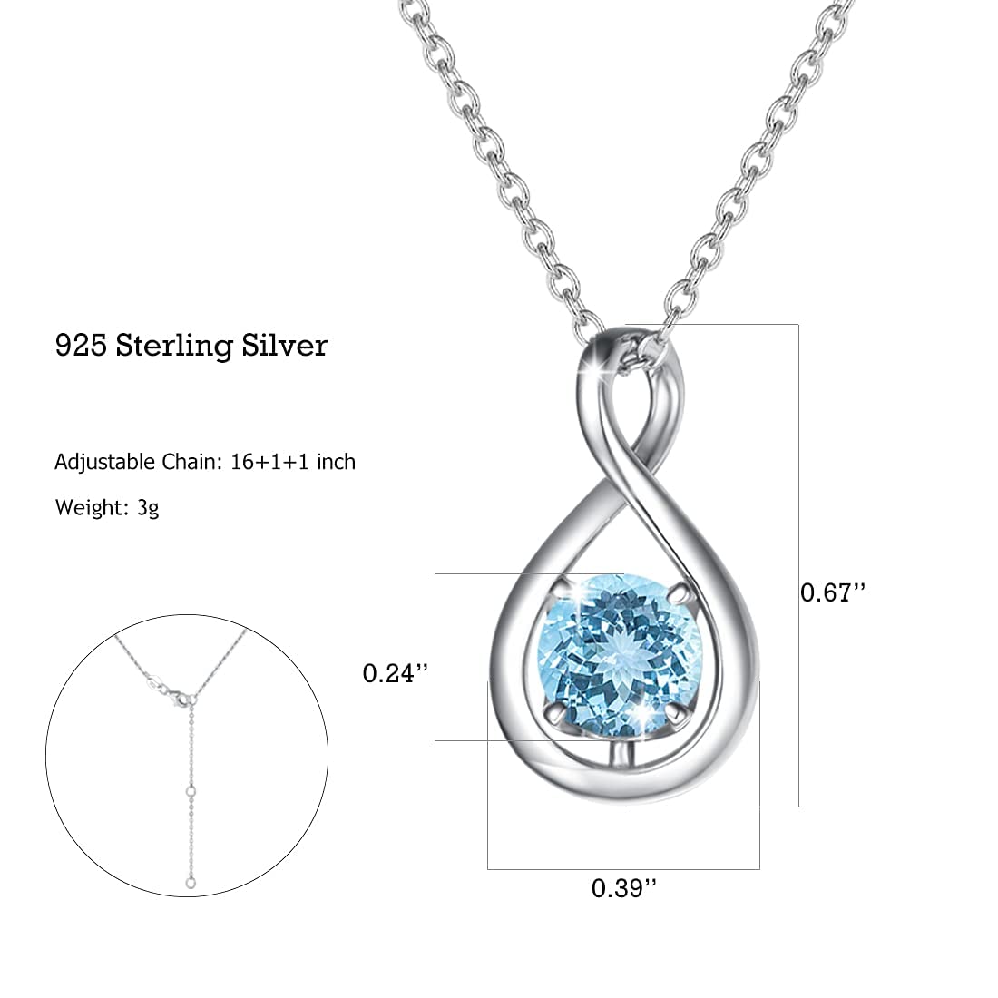 FANCIME Aquamarine Necklace March Birthstone for Women Sterling Silver Infinity Pendant Blue Gemstone Fine Jewelry Birthday Anniversary Mothers Day Gifts for Daughter Wife Her, Chain 16+2"
