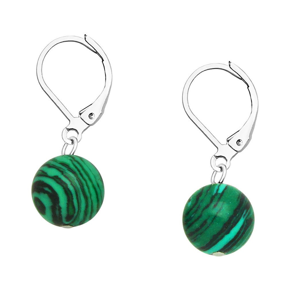 Falari 10mm Round Natural Stone Earring High Polished Rhodium Leverback Malachite