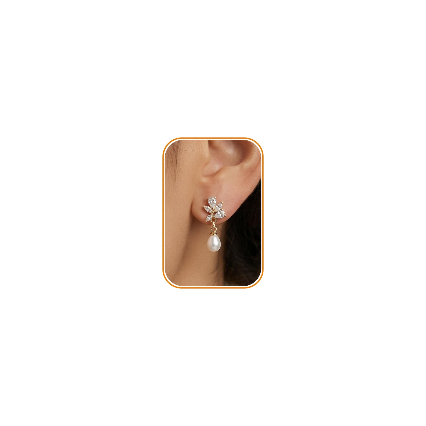 PRTGL Pearl Earrings: 14k Gold-plated Cubic Zirconia Accented Teardrop Pearl Drop Wedding Engagement Earrings For Women Bridal Bridesmaid (Leaf Designed)