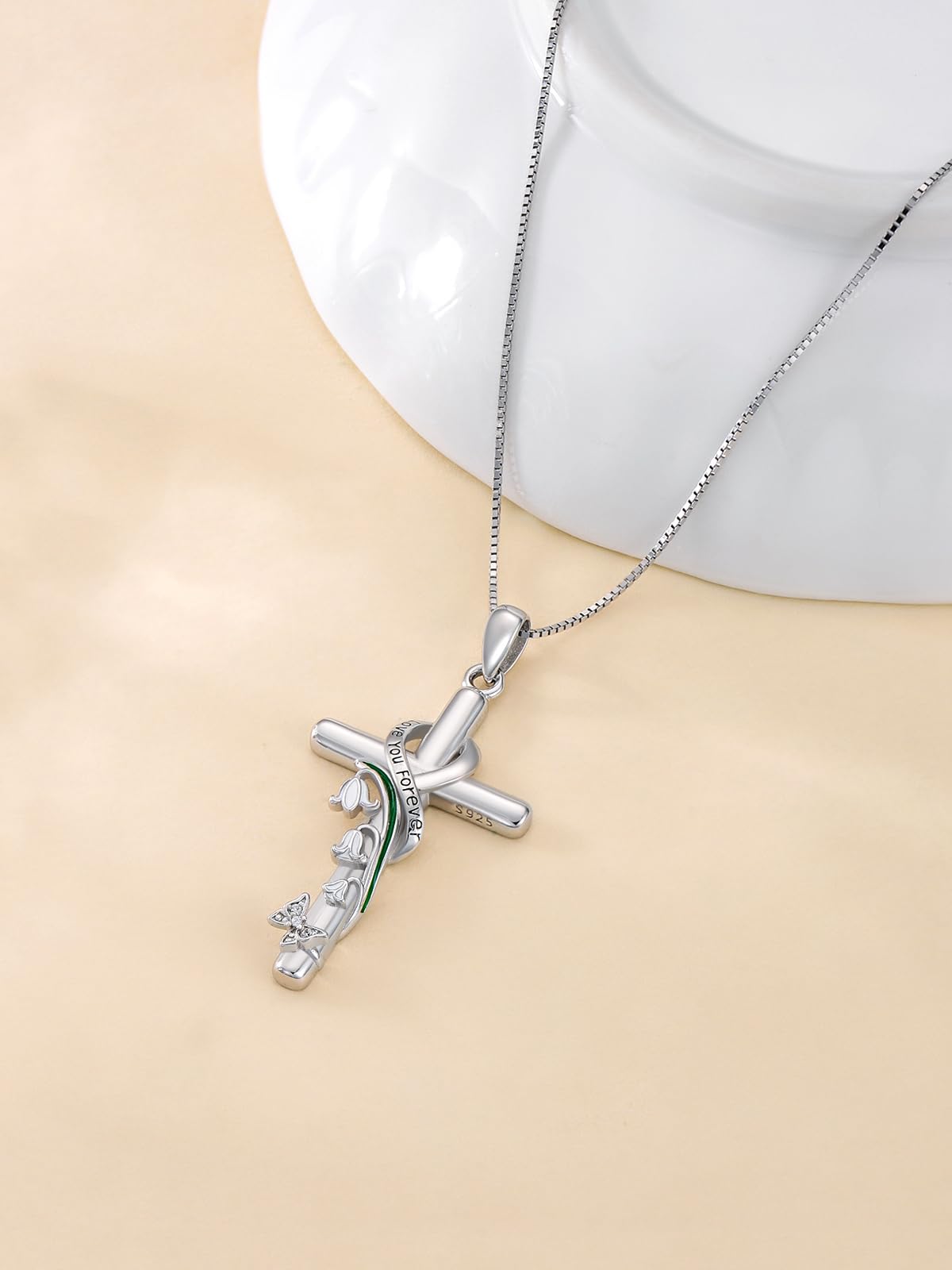 Flpruy Lily of the Valley Necklace 925 Sterling Silver May Cross Pendant Neckalce Lily of the Valley Jewelry Birth Month Flower Gifts for Women Her Mom