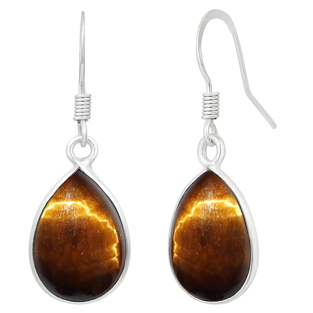 Natural Tiger Eye Sterling Silver Plated Dangle Earrings for Women - Brown Gemstone June Birthstone Teardrop Shape Dangle & Drop Handmade Earrings Jewelry - Gifts for Her
