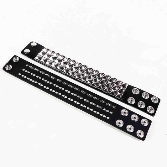 SCOPLATY Genuine Leather Bracelet Cuff with Spikes studded Rivets - Adjustable Metal Wristband for Men Women, 80s Goth Rock Accessories (Silver, Width 1.5 Three-row)