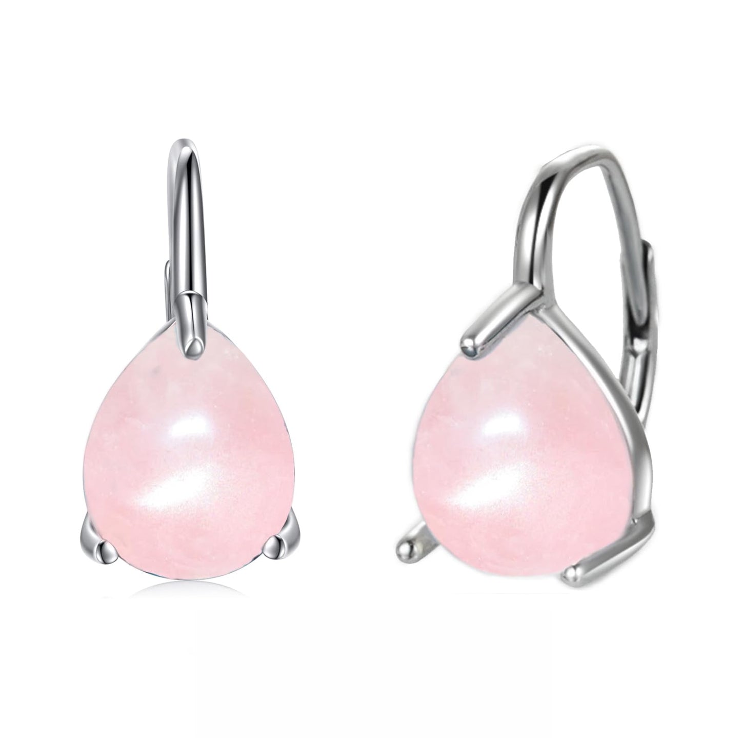 SHEAISRS Teardrop Rose Quartz Leverback Earrings for Women 925 Sterling Silver Pink Crystal Earrings