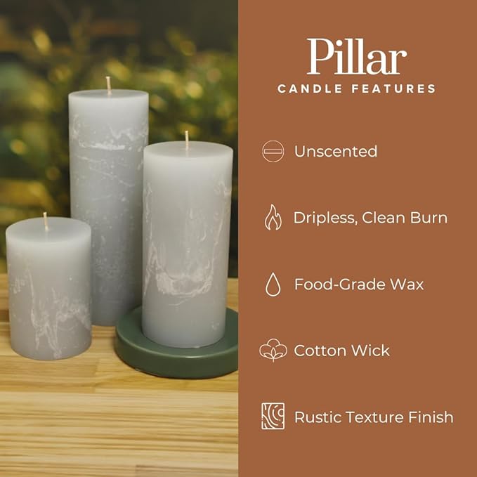 Simply Soson 3x4 inch Grey Pillar Candles Set of 3, Rustic Texture, Unscented Grey Candles, Dripless Candles, 3 inch Pillar Candles Ideal as Wedding, Parties, Spas, Dinner, Home Decoration, Church