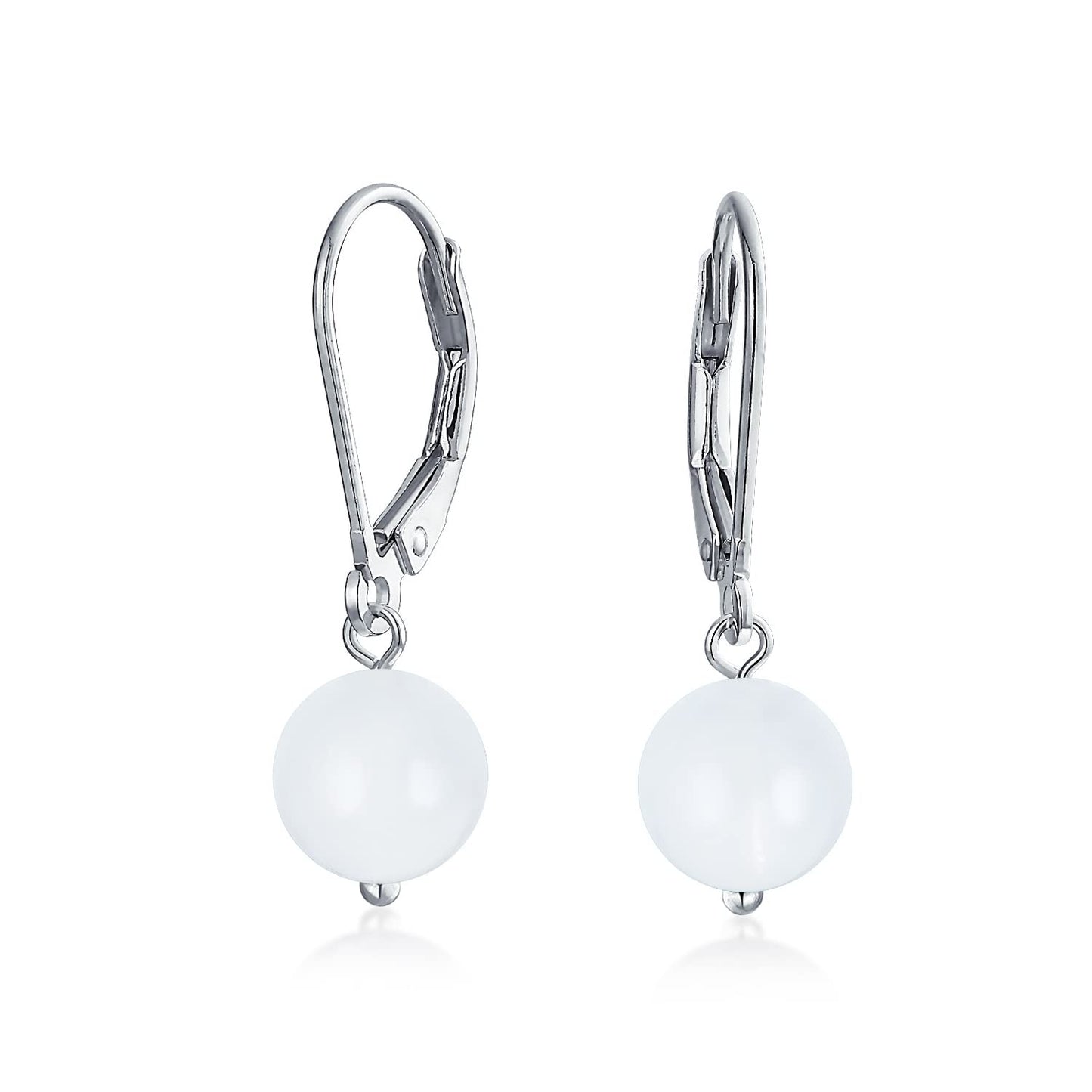 Bling Jewelry Timeless .925 Sterling Silver White Jade Bead 8mm Ball Drop Earrings Lever Back Genuine Gemstone