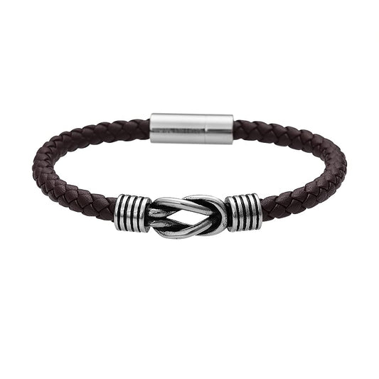 Geoffrey Beene Men's Braided Genuine Leather Knot Bracelet with Stainless Steel Closure (Brown, 8.5")