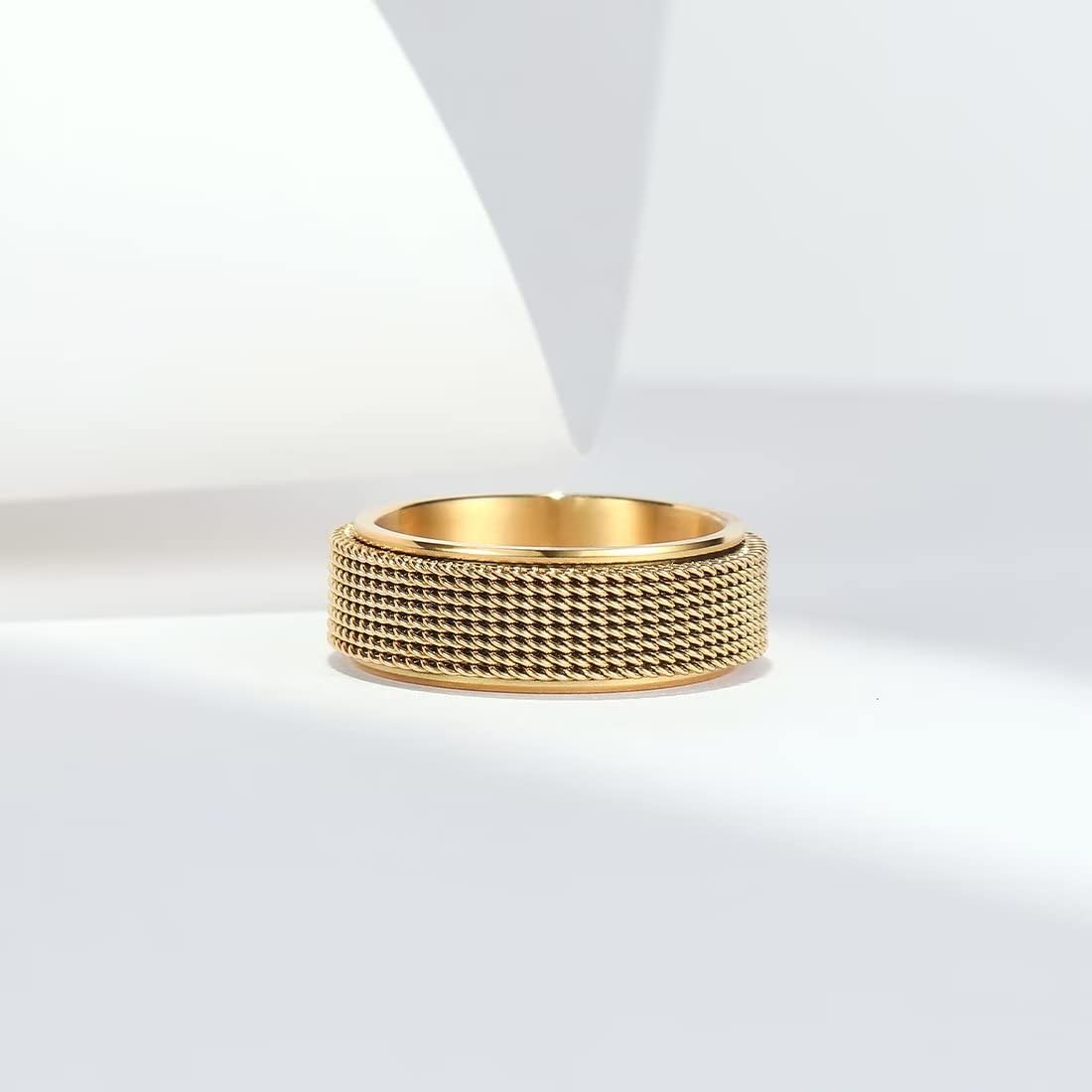 King Will Gold 8mm Stainless Steel Chain Mesh Simple Plain Spinner Anxiety Ring for Women Men Wedding Band Ring Fidget Ring Mesh Chain Woven Mesh 12
