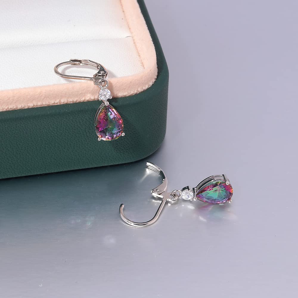 CiNily Womens Leverback Dangle Drop Earrings 14K White Gold Plated Hypoallergenic Mystic Rainbow Topaz Earrings