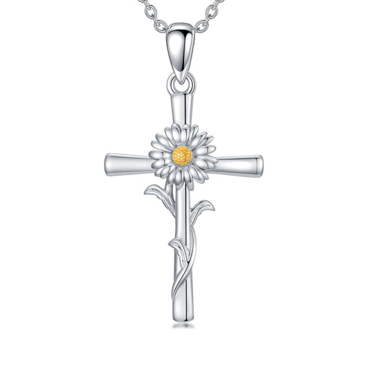 Cargari Daisy Cross Necklace 925 Sterling Silver Daisy Pendant Birth Flower Cross Necklace Jewelry Floral Gifts for Women