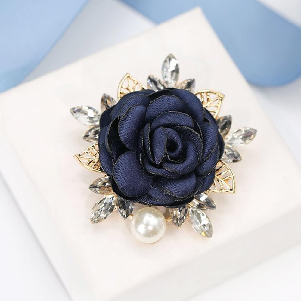 Elegant Rose Flower Brooch Pin for Women Men Wedding Party Gentleman's Essentials Handmade Imitation Crystal Pearl Fabric Flower Lapel Pin Dress Suit Accessories Boutonniere Ideas (Blue)