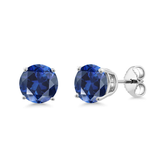 Gem Stone King 2-4 Cttw Round Gemstone Birthstone Stud Earrings For Women Men | 925 Sterling Silver | Round 7MM | Fine Jewelry Gifts for Women Her Mom Wife Men | Blue Created Sapphire-September