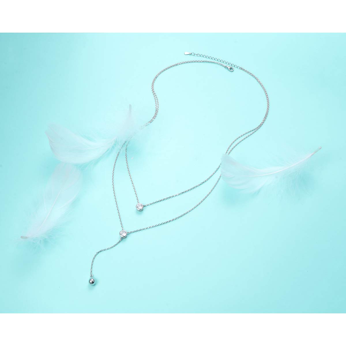 FLYOW Layered Necklace S925 Sterling Silver Teardrop Round CZ Double Choker Y Lariat Long Multilayer Necklace Birthday Present Mother Daughter Jewelry for Women Wife Fiancée