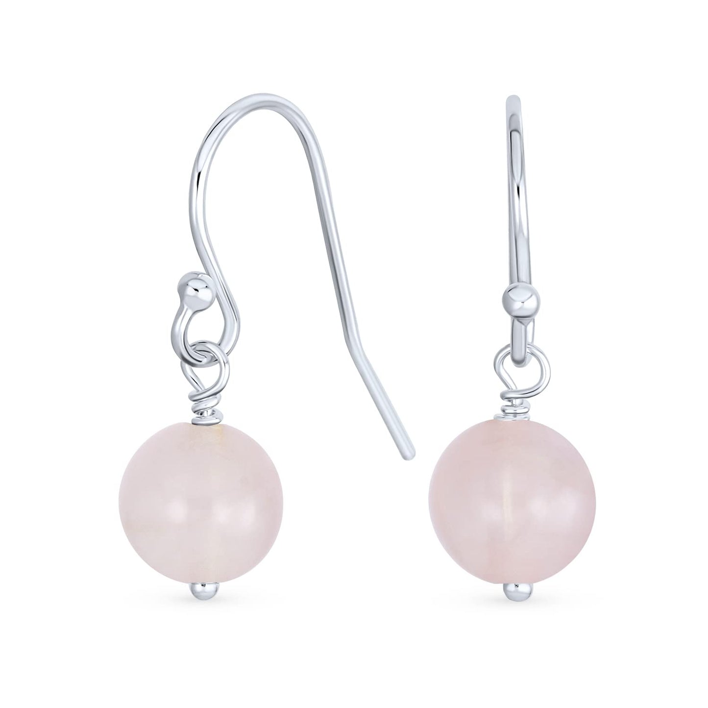Bling Jewelry Timeless .925 Sterling Silver Light Pink Rose Quartz Bead 8mm Ball Drop Earrings Fish Hook Genuine Gemstone October Birthstone