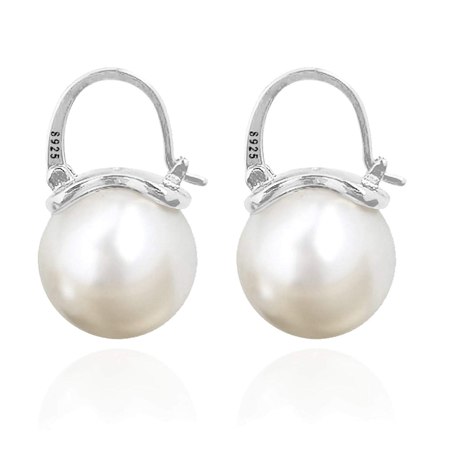 OwMell Elegant 925 Sterling Silver Pearl Drop Earrings Dangle Stud Gold Plated Earrings for Women Large Size 12mm - Silver