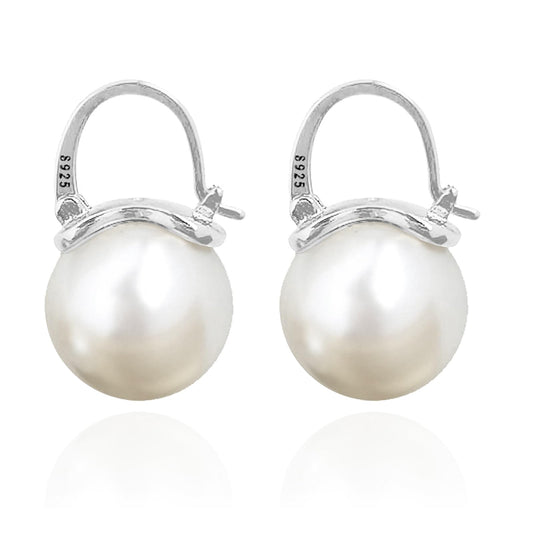 OwMell Elegant 925 Sterling Silver Pearl Drop Earrings Dangle Stud Gold Plated Earrings for Women Large Size 12mm - Silver