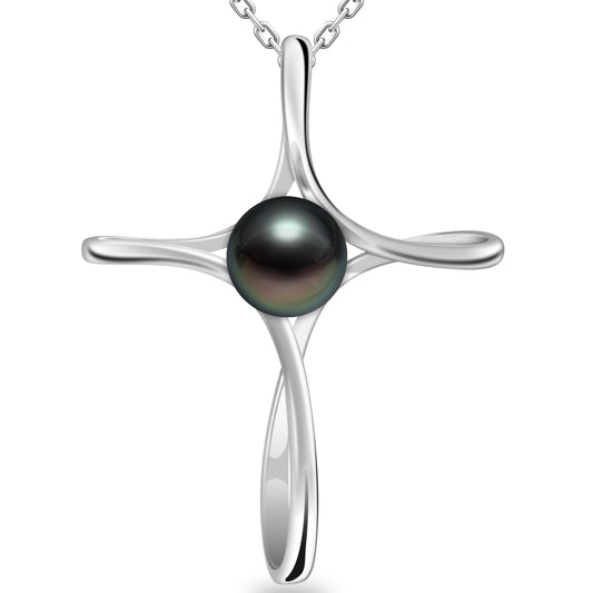 Atopearl Gift for Mom Black Pearl Necklaces for Women Wife 7-8mm AAAA Tahitian Cross Pendant Jewelry Chain Valentine's day gift for her Wedding Birthday Anniversary Christmas
