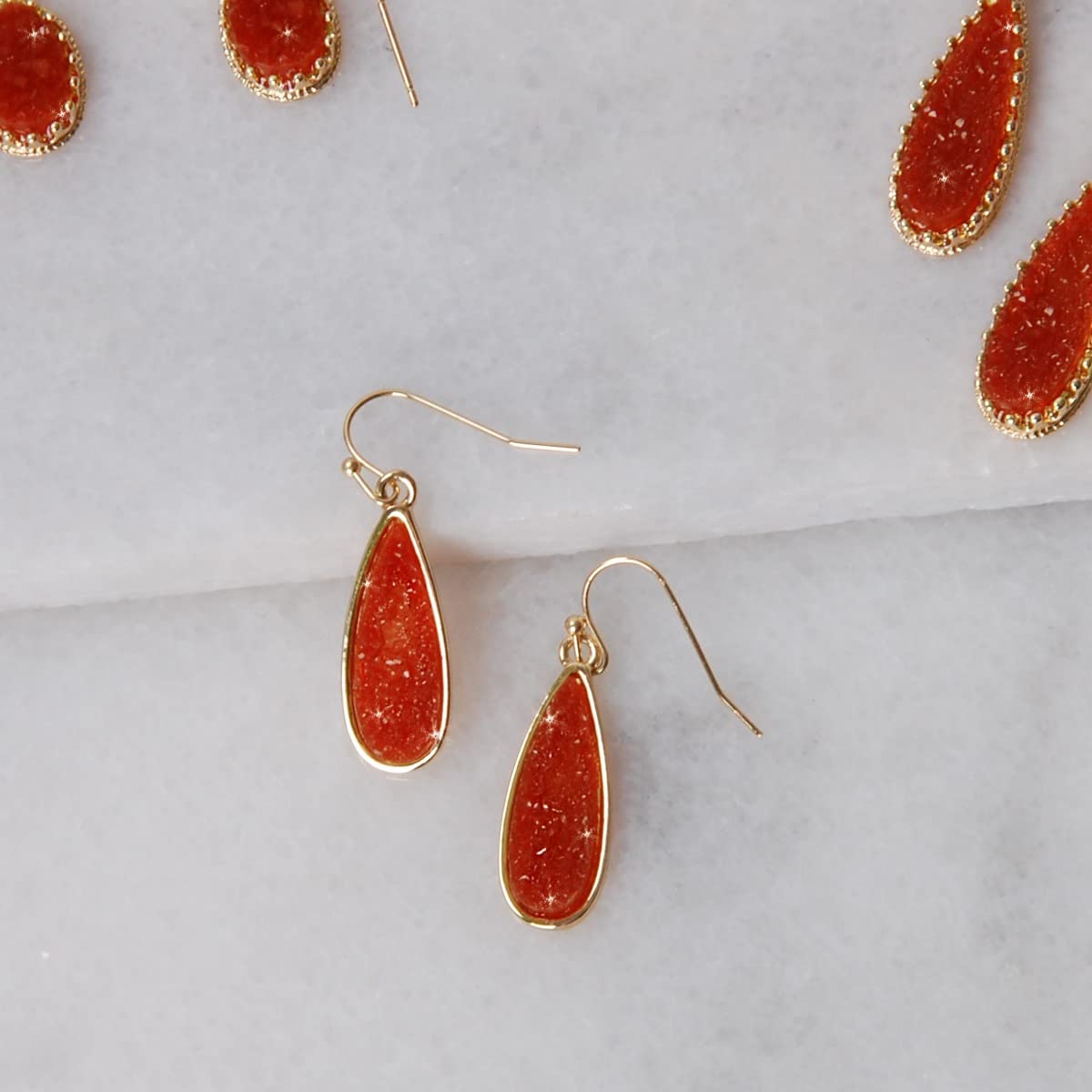 Simulated Druzy Drop Dangles - Sparkly Bohemian Long Teardrop Dangly Earrings for Women, Gold Tone - Red Stone