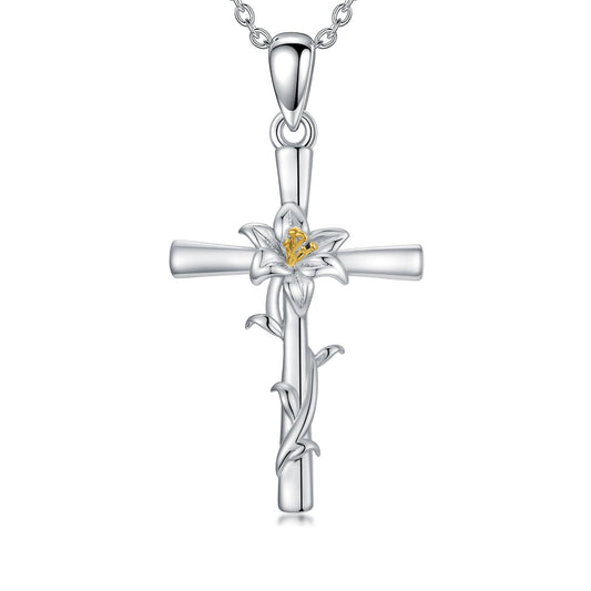 Cargari Lily Cross Necklace for Women Sterling Silver Lily Pendant Floral Necklace Jewelry Birth Flower Gifts for Women