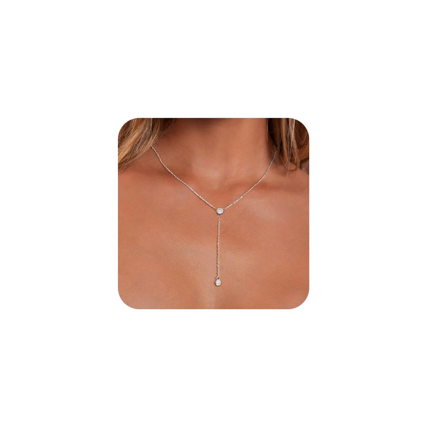 LULII Silver Necklace for Women Trendy Dainty Silver Plated Long Drop Necklaces Lariat CZ Pendant Necklace Simple Jewelry for Women Gifts