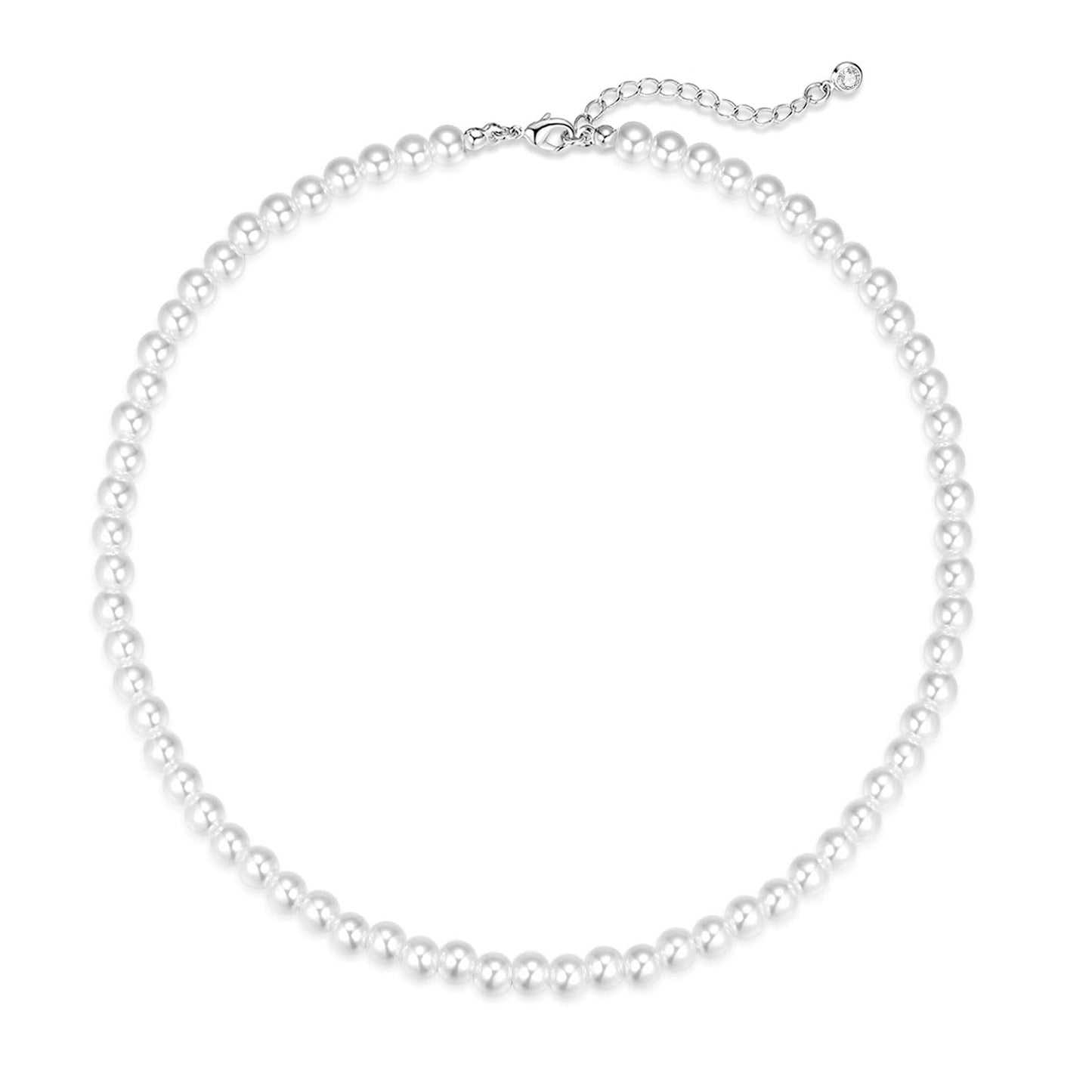 Zeffy Pearl Necklace for Women, 6MM Dainty Round Imitation Pearl Choker Necklace Wedding Delicate Jewelry for Women Simple Bridesmaid Jewelry Gifts (16"+2")