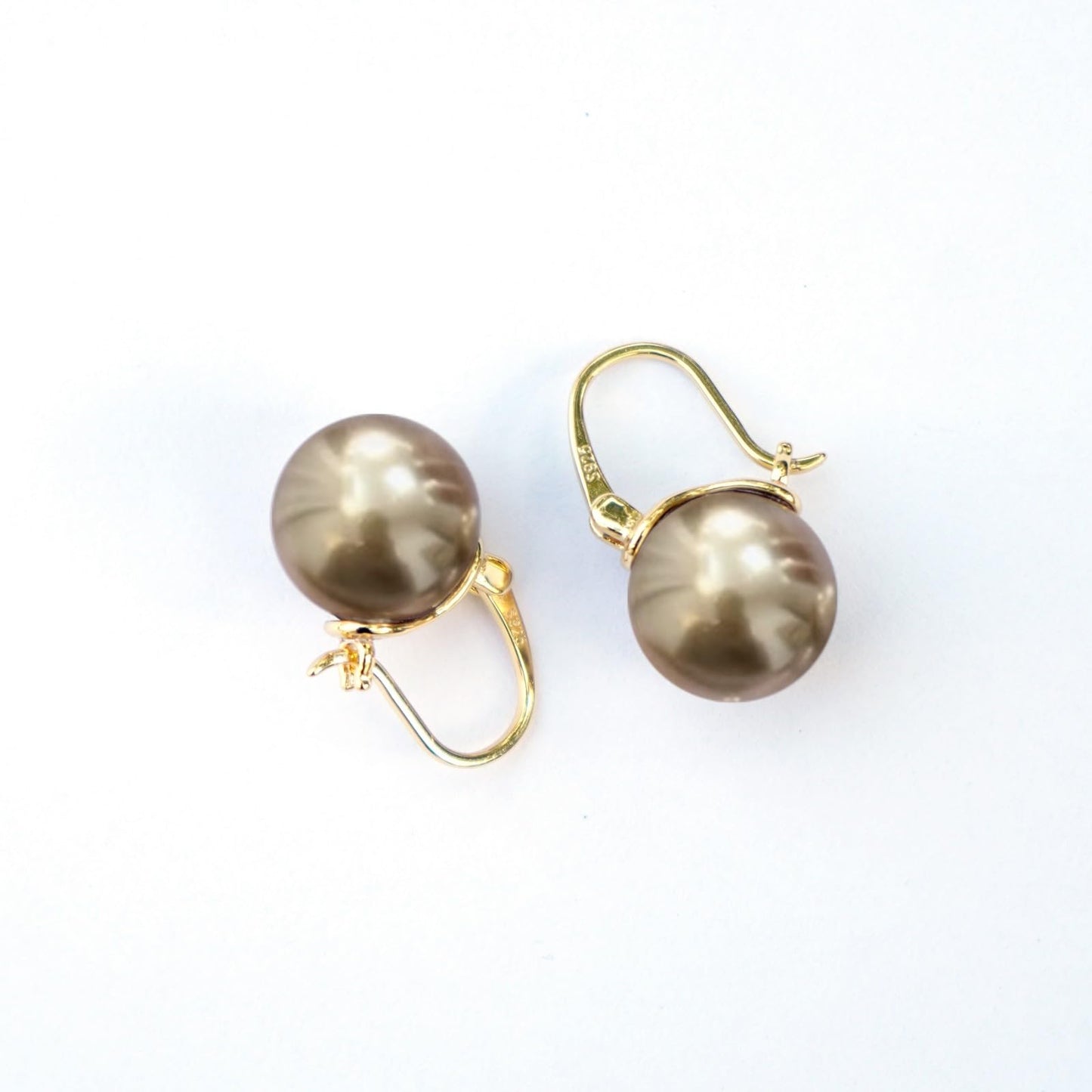 OwMell Elegant 925 Sterling Silver Pearl Drop Earrings Dangle Stud Gold Plated Earrings for Women Large Size 12mm - Champagne Gold