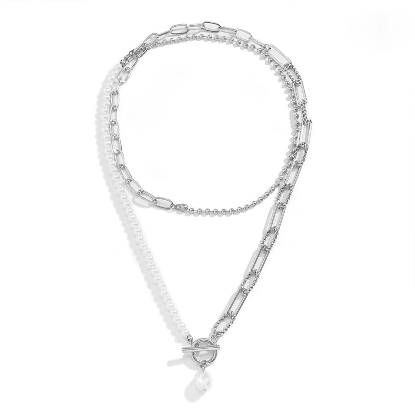 Long Silver Pearl Layered Necklaces for Women,Chunky Pearl Beaded Paperclip Chain Drop Necklace Trendy Gold Stack Choker Necklaces,Charm Jewelry Accessories