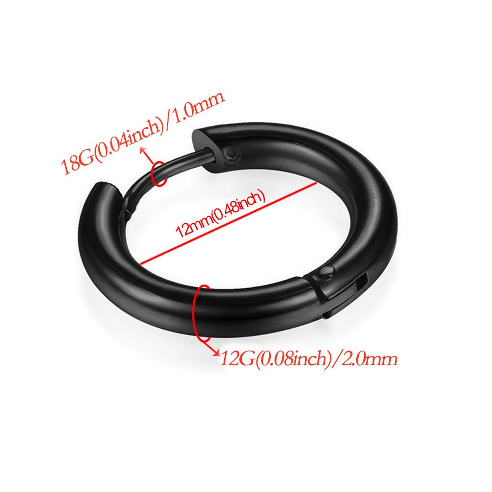316L Surgical Stainless Steel Huggie Hoop Earrings 12mm Black Hypoallergenic Earrings Hoop Cartilage Helix Lobes Hinged Sleeper Earrings For Men Women(E03:12mm Black(THK 2.0mm))