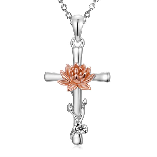 Cargari Lotus Flower Cross Necklace 925 Sterling Silver Lotus Pendant Necklace Floral Religious Jewelry Gift for Women