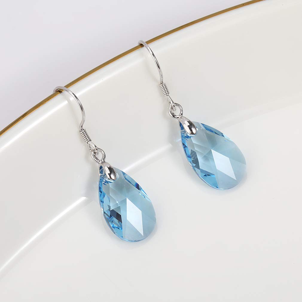 Teardrop Austrian Crystal Drop Dangle Earrings for Women 925 Sterling Silver Hook Hypoallergenic Earring (Aquamarine)