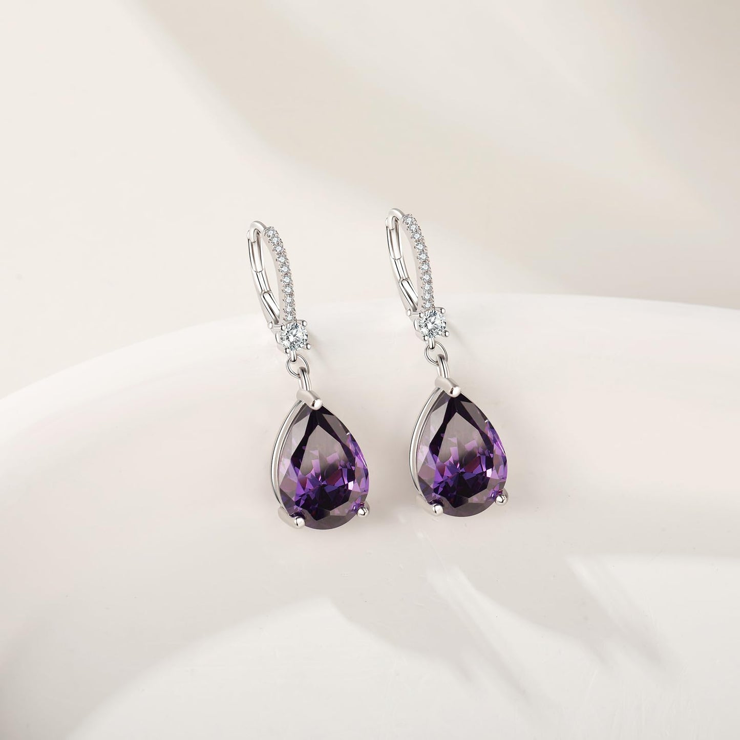 BAMIKI Sterling Silver Teardrop Leverback Dangle Earrings for Women Hypoallergenic, 10×14mm Pear Amethyst Birthstone Purple Cubic Zircon Drop Earrings Trendy Jewelry Gifts for Wife Daughter Mother