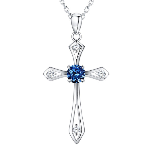 QUALISE Cross Necklace for Women,925 Sterling Silver September Birthstone Necklace Cross Pendant 5A CZ 12 Birth Months Birthstone Sapphire Jewelry Birthday Gifts for Her Wife Mom
