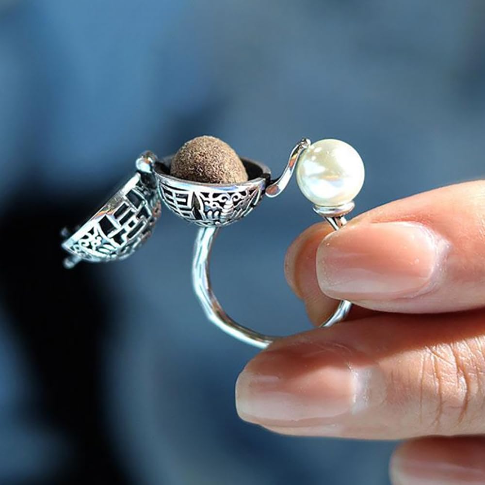 Fashion Pearl Aromatherapy Ring for Women Locket for Fragrant Ball Charm Adjustable Open Rings Unique Portable Mini Diffuser Rings for Essential Oils Perfect for Daily Wear Yoga Meditation Jewelry