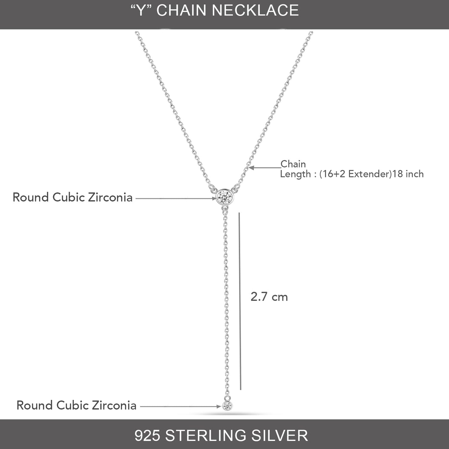 LeCalla 925 Sterling Silver Dainty Drop Adjustable Double CZ Lariat Necklace for Women Simple CZ Y Necklace Jewelry Cable Chain Necklace with Lobster Claw Clasp 18 Inches