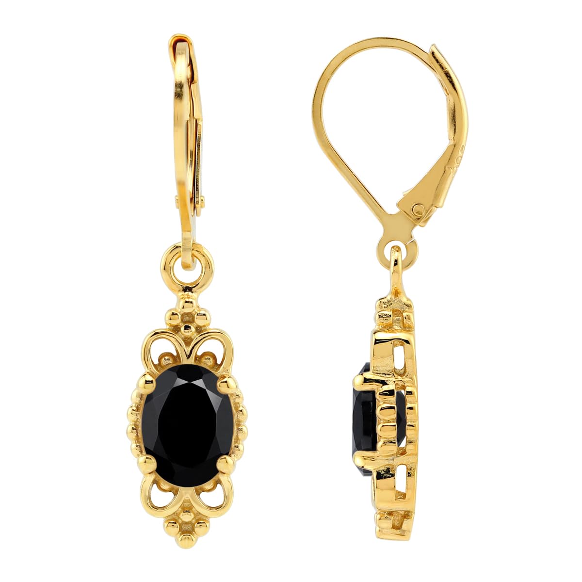 Silvershake 1.94 CTW 8X6mm Natural Oval Shape Black Onyx Gemstone 14K Yellow Gold Plated 925 Sterling Silver Balinese Style Leverback Dangle Earrings Jewelry for Women