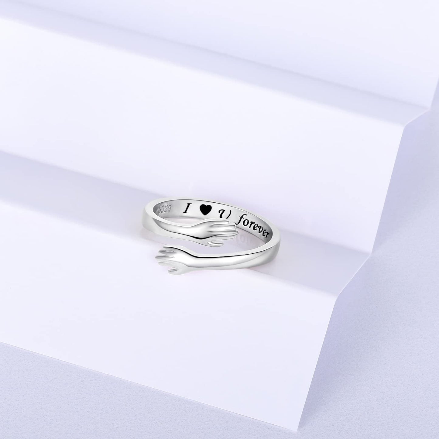 ACJFA Hug Rings for Women Sterling Silver Adjustable Ring for Women Daughter Hand Ring Jewelry for Birthday Gifts Holiday Gift for Teens (I U forever)