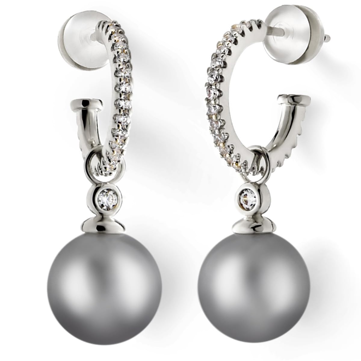 KZZENKI Grey Pearl Earrings for Women, Sterling Silver Post Drop Earrings, Open Hoop Peal Dangle Earrings Bridal Jewelry