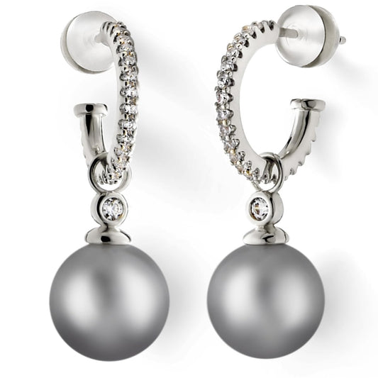 KZZENKI Grey Pearl Earrings for Women, Sterling Silver Post Drop Earrings, Open Hoop Peal Dangle Earrings Bridal Jewelry
