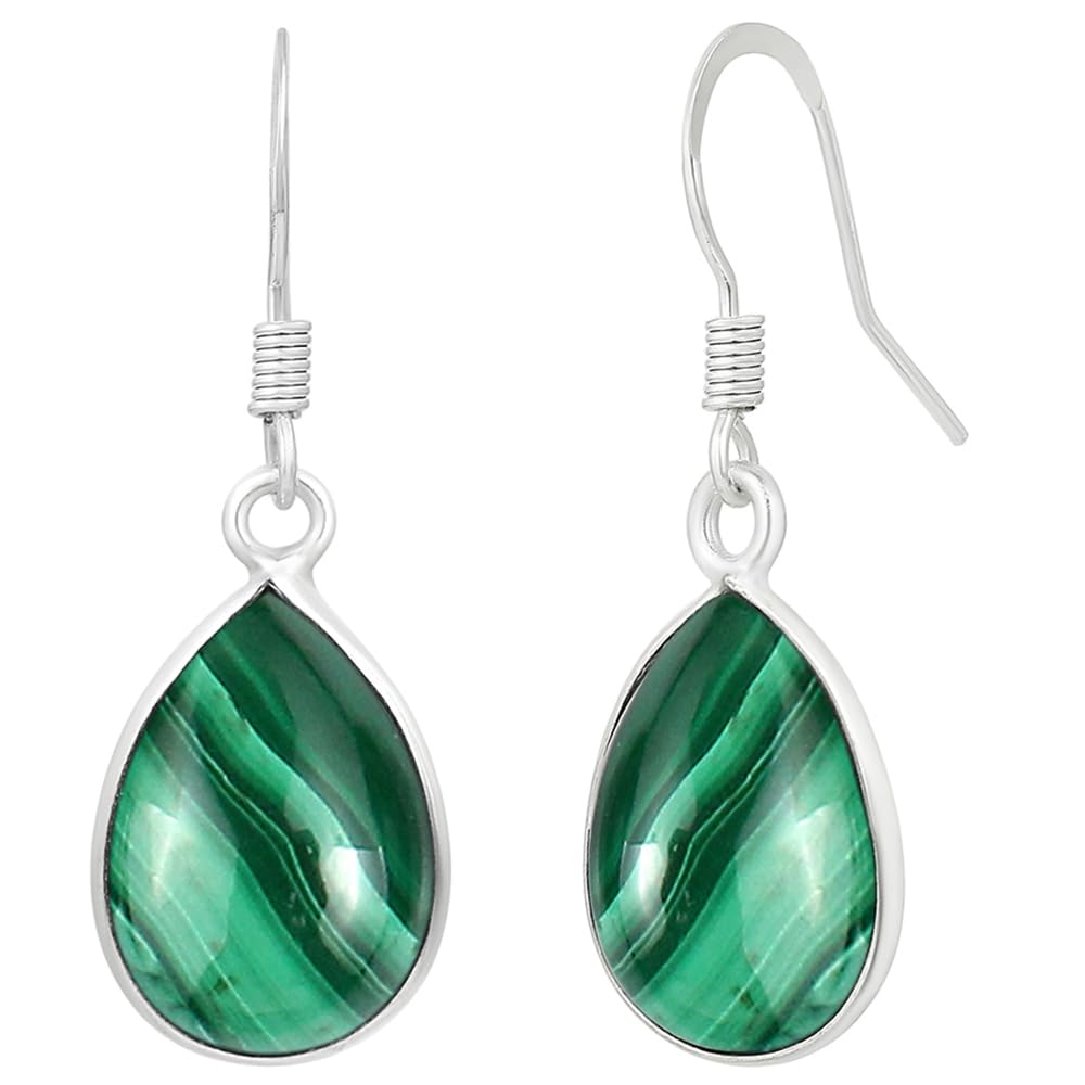 Natural Malachite Sterling Silver Plated Dangle Earrings for Women - Green Stone Teardrop Shape April Birthstone Handmade Drop Earrings Jewelry - Gifts for Her